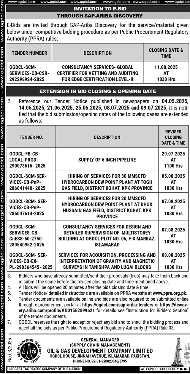 Oil & Gas Development Company Limited Islamabad Tender Notice
